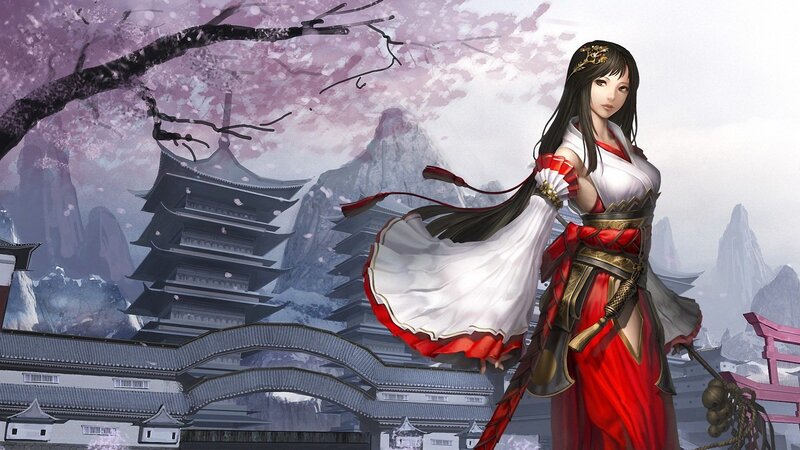 samurai woman in cherry blossom