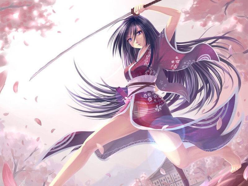 samurai woman in cherry blossoms