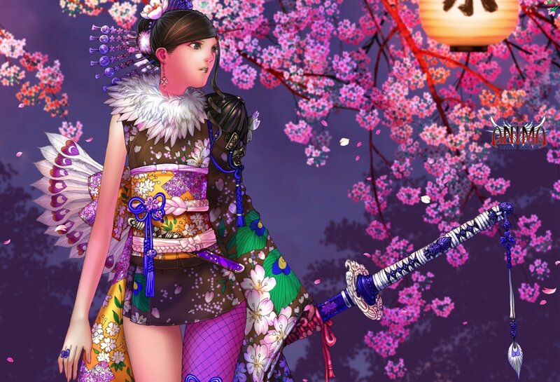 Samurai woman in cherry blossoms