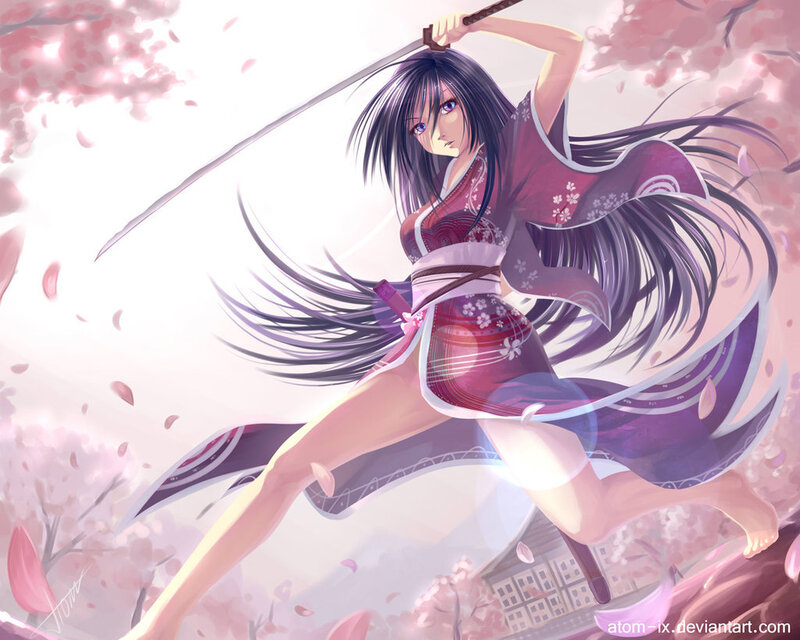 samurai woman in cherry blossoms