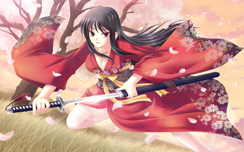 samurai woman in cherry blossoms