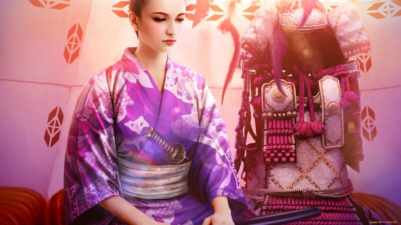 Samurai woman in purple kimono