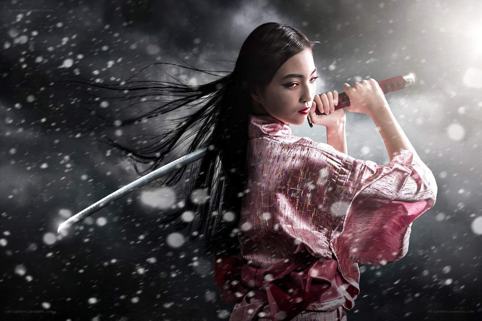 samurai woman in snowstorm