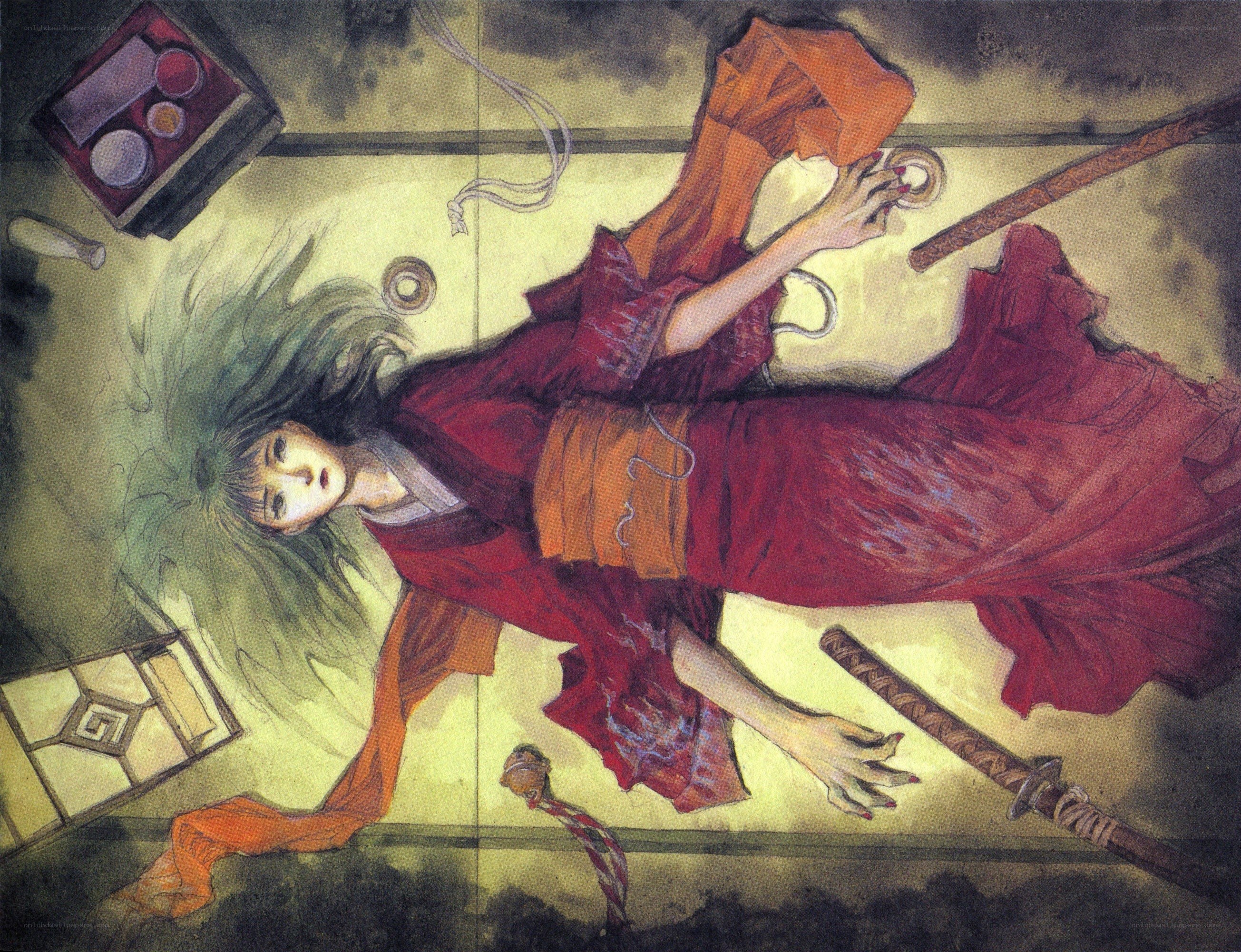 Samurai woman lying on floor