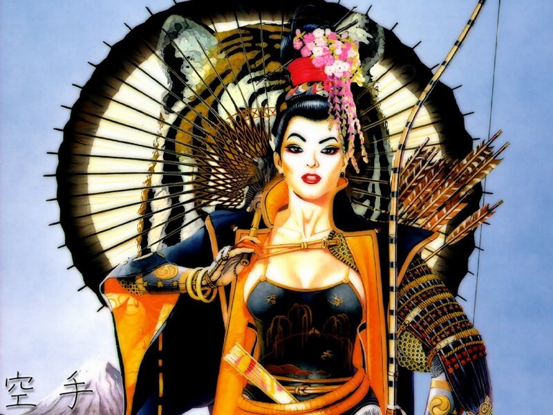 Samurai woman with fan and arrows