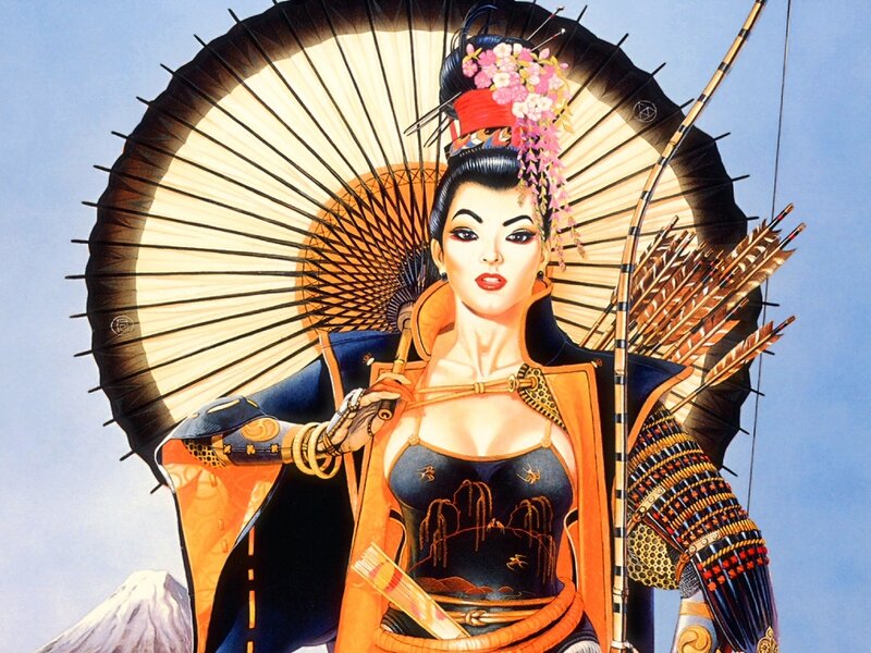 Samurai woman with fan and bow