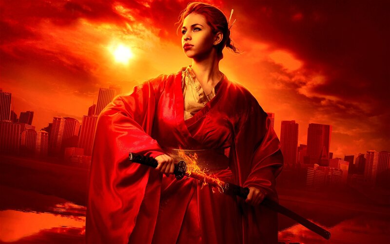 samurai woman with flaming sword