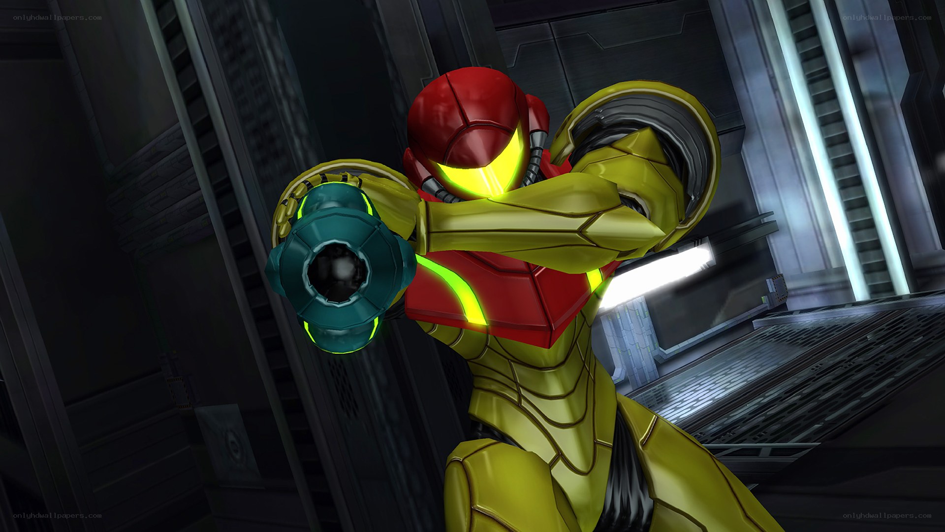 Samus aims her weapon in a sci-fi corridor
