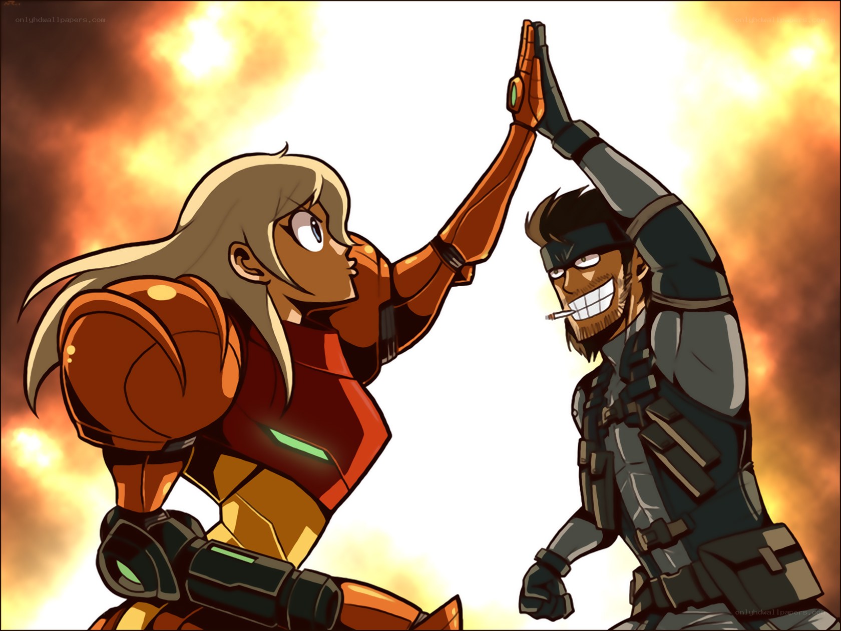 Samus and Snake high-five