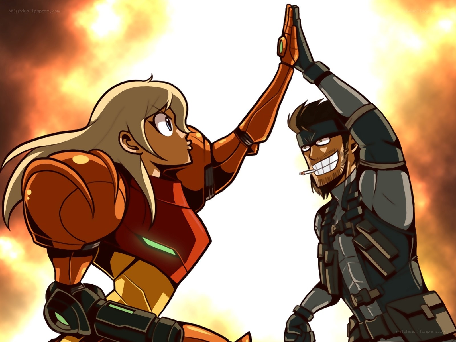 Samus and Snake high-five
