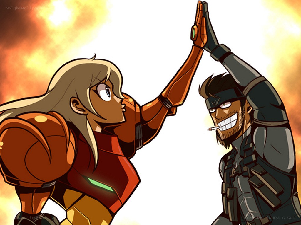 Samus and Snake high-five