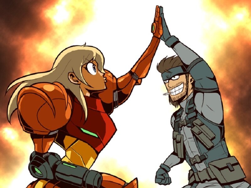 Samus and Snake high-five
