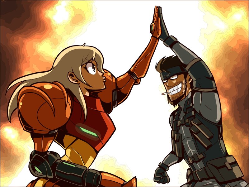 Samus and Snake high-five