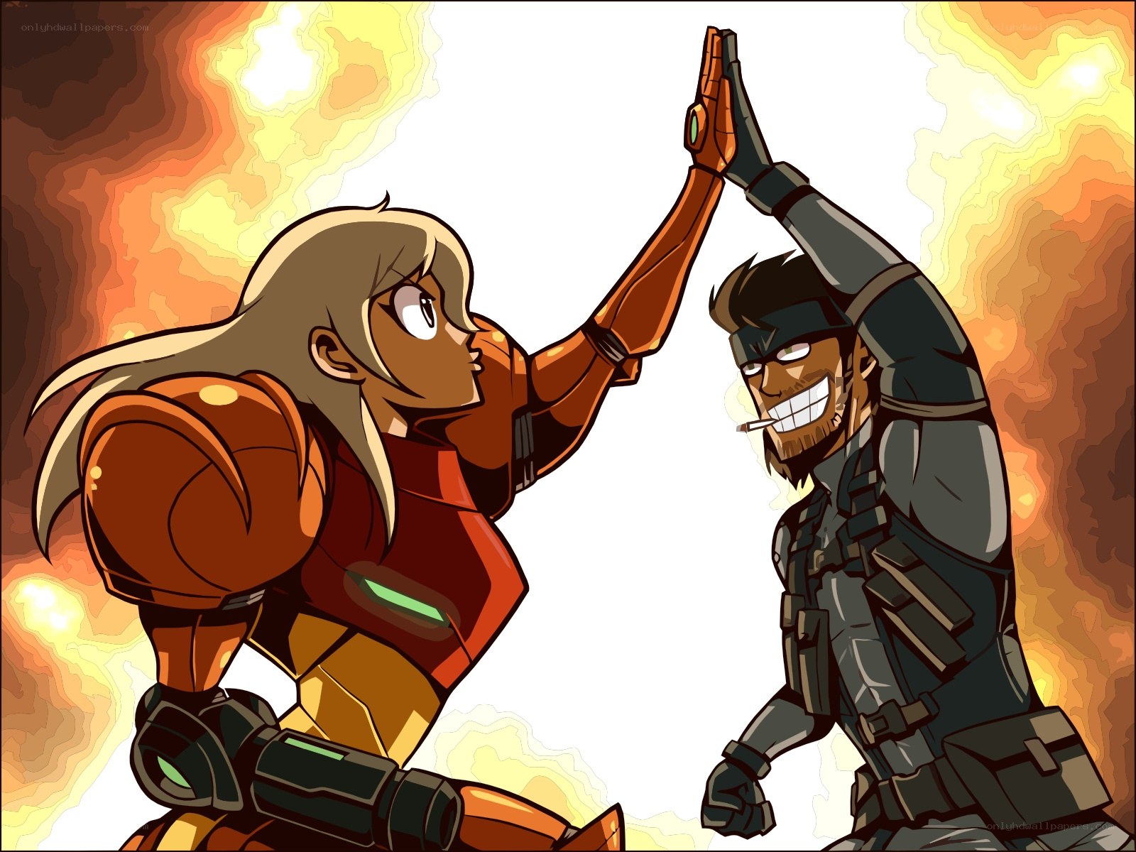 Samus and Snake high-five