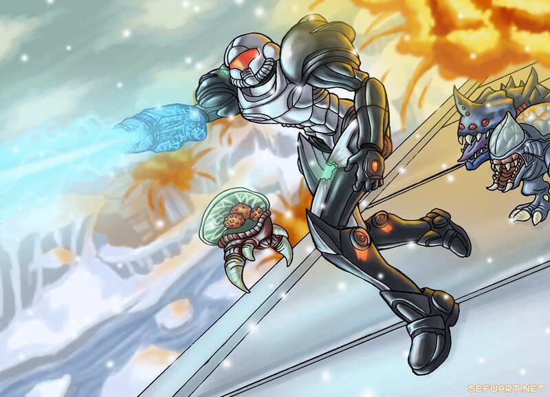 Samus Aran Fighting Monsters — Blue