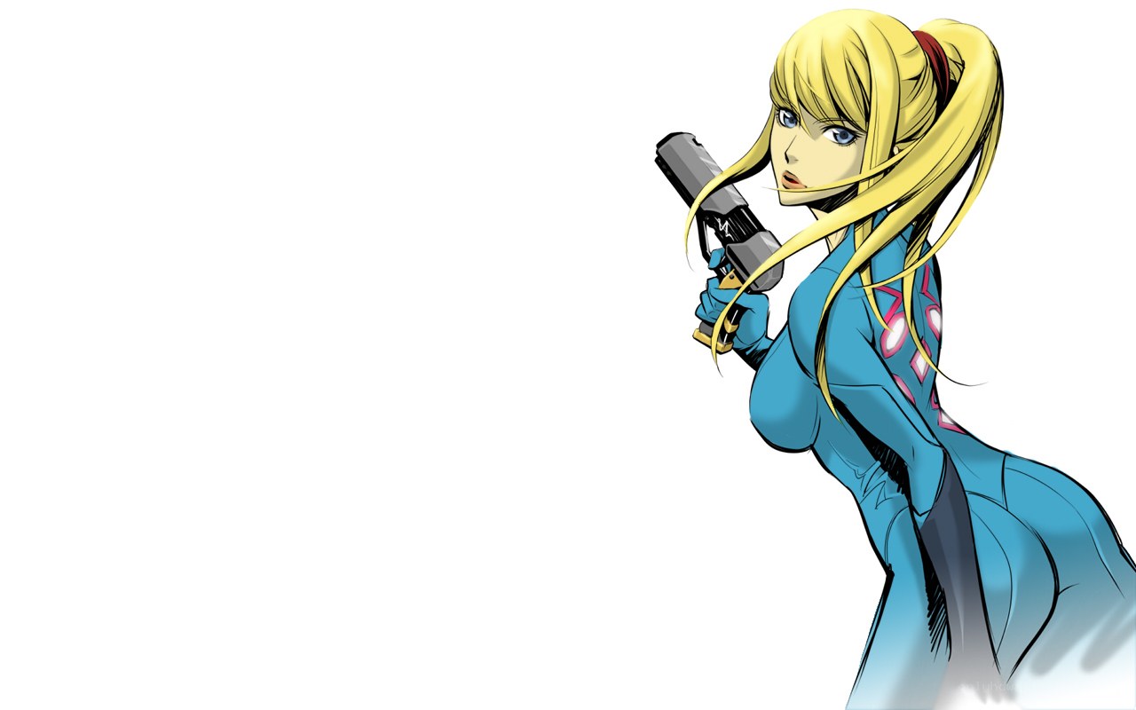 Samus Aran holding a weapon