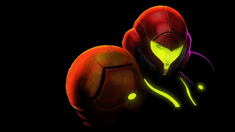 Samus Aran in Armor — Black, Dramatic, Night, Digital Art, Glowing Eyes