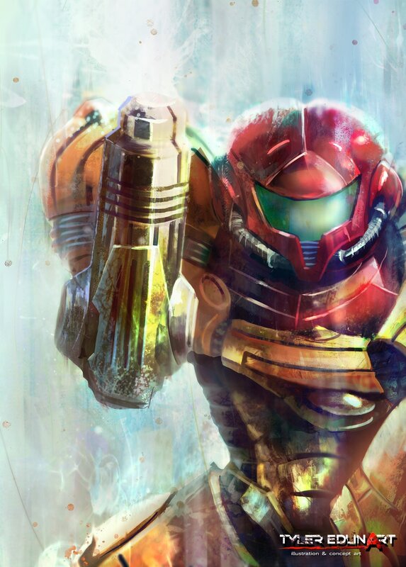 Samus Aran in Armor — Red, Dramatic, Digital Art, Gun, Helmet, Gold