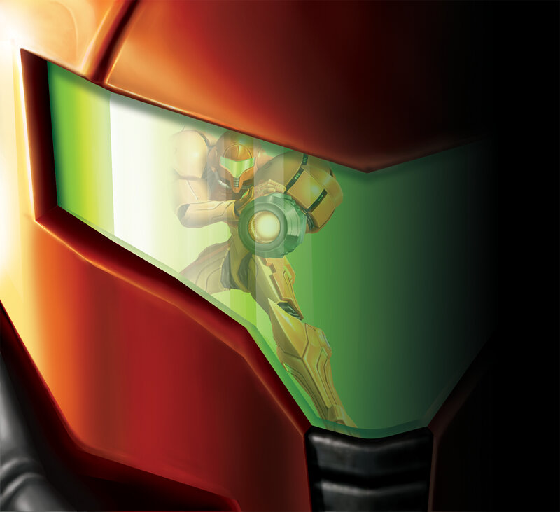 Samus Aran in Armor — Red, Dramatic, Digital Art, Visor