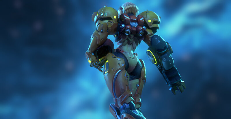 Samus Aran in Power Suit — Blue, Dramatic, Night, 3d Render