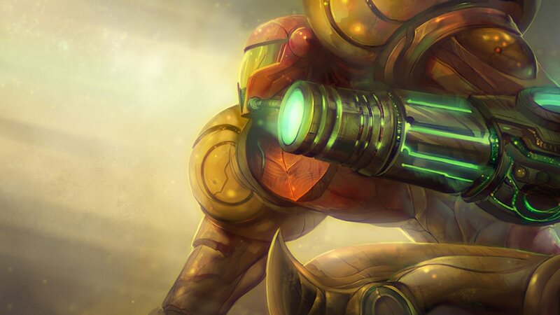Samus Aran in Power Suit — Gold, Dramatic, Digital Art, Gun, Armor, Green Light, Green