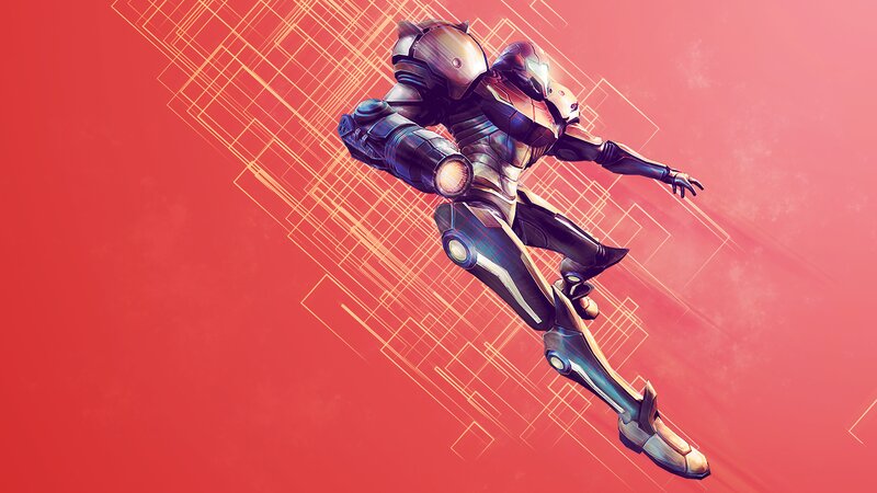 Samus Aran in Power Suit — Red, Dramatic, Digital Art