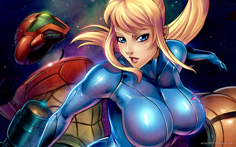 Samus Aran in Space — Blue, Dramatic, Night, Digital Art, Space Suit, Spaceship
