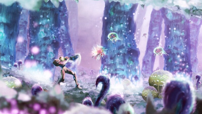 Samus battles in a bioluminescent cave