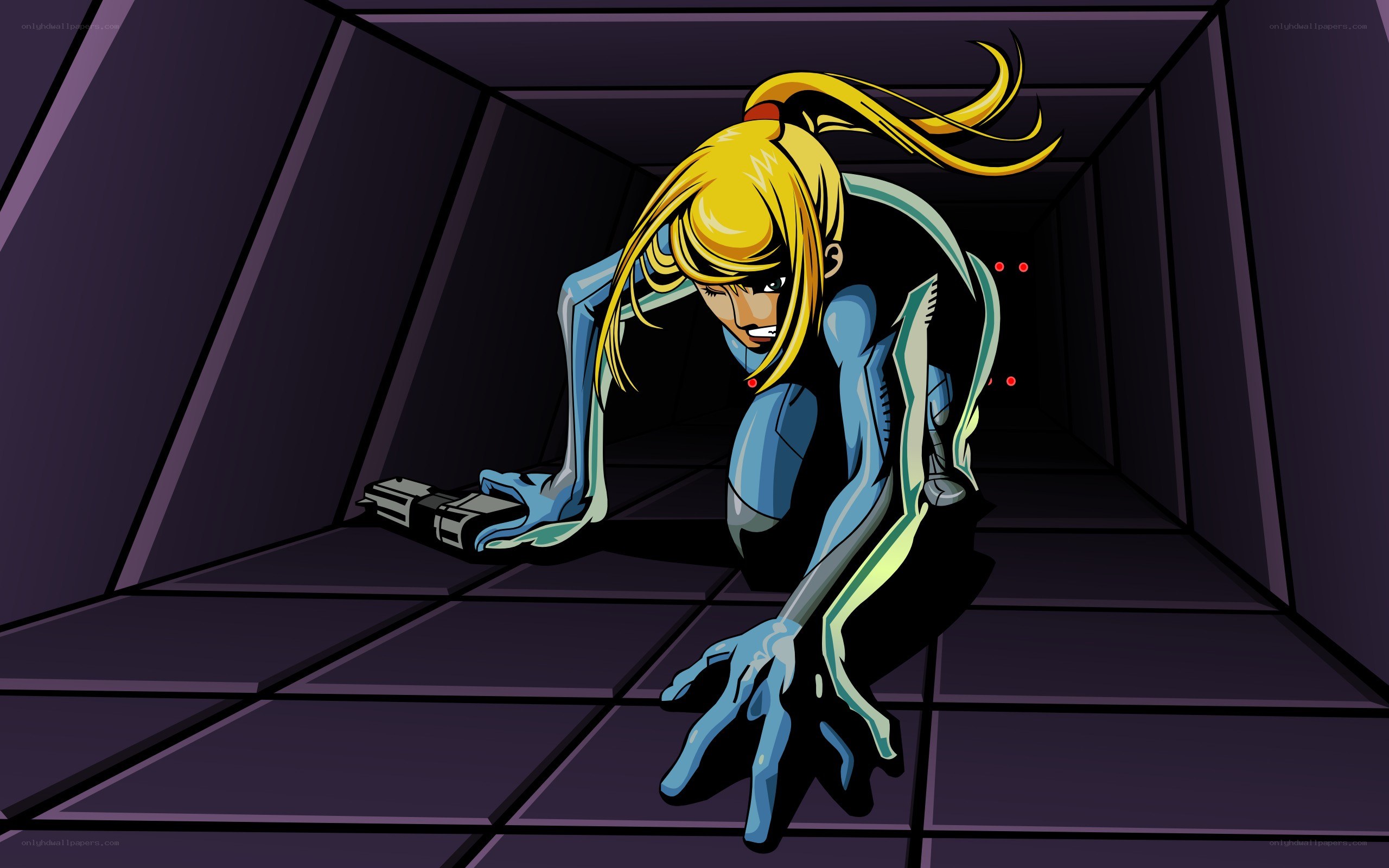 Samus crawling in a corridor