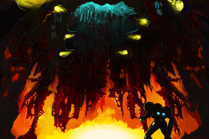 Samus faces a giant creature