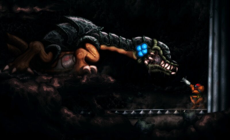Samus Facing a Large Creature — Black