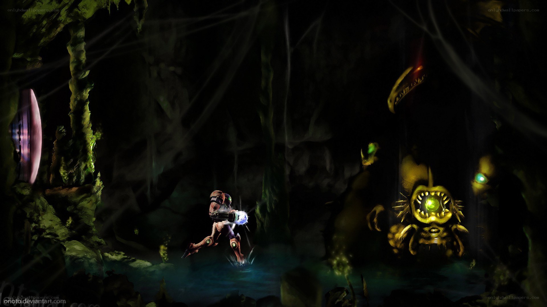 Samus fights a cave monster