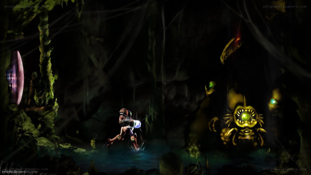 Samus fights a cave monster