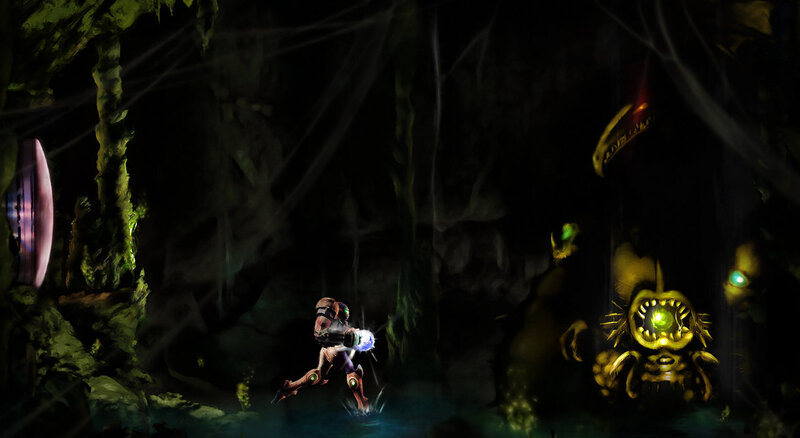 Samus fights in a dark cave