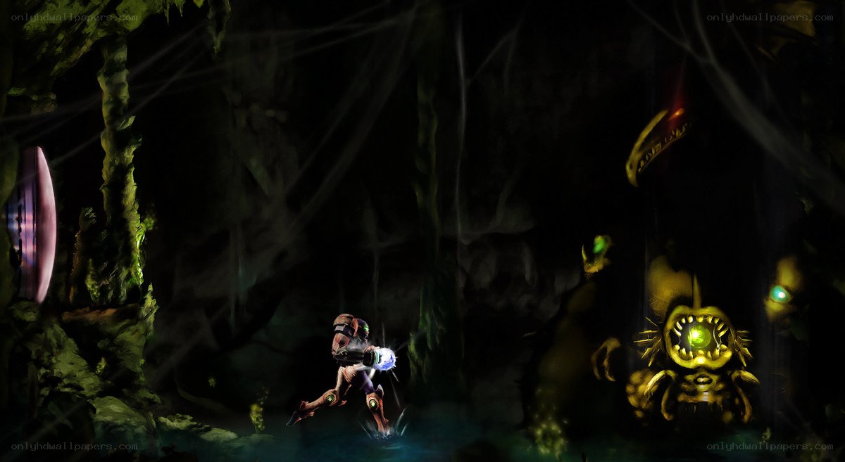 Samus fights in a dark cave