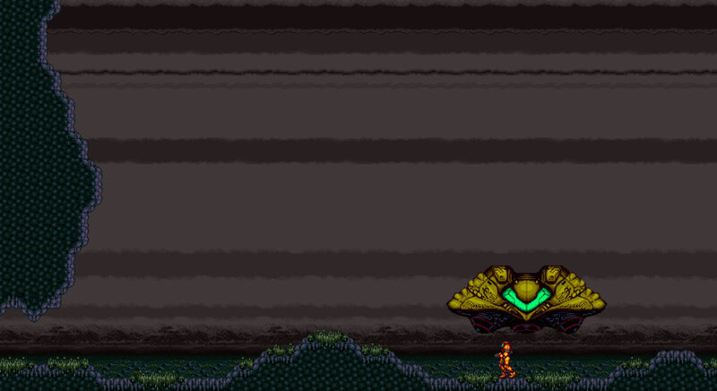 Samus in a dark cavern