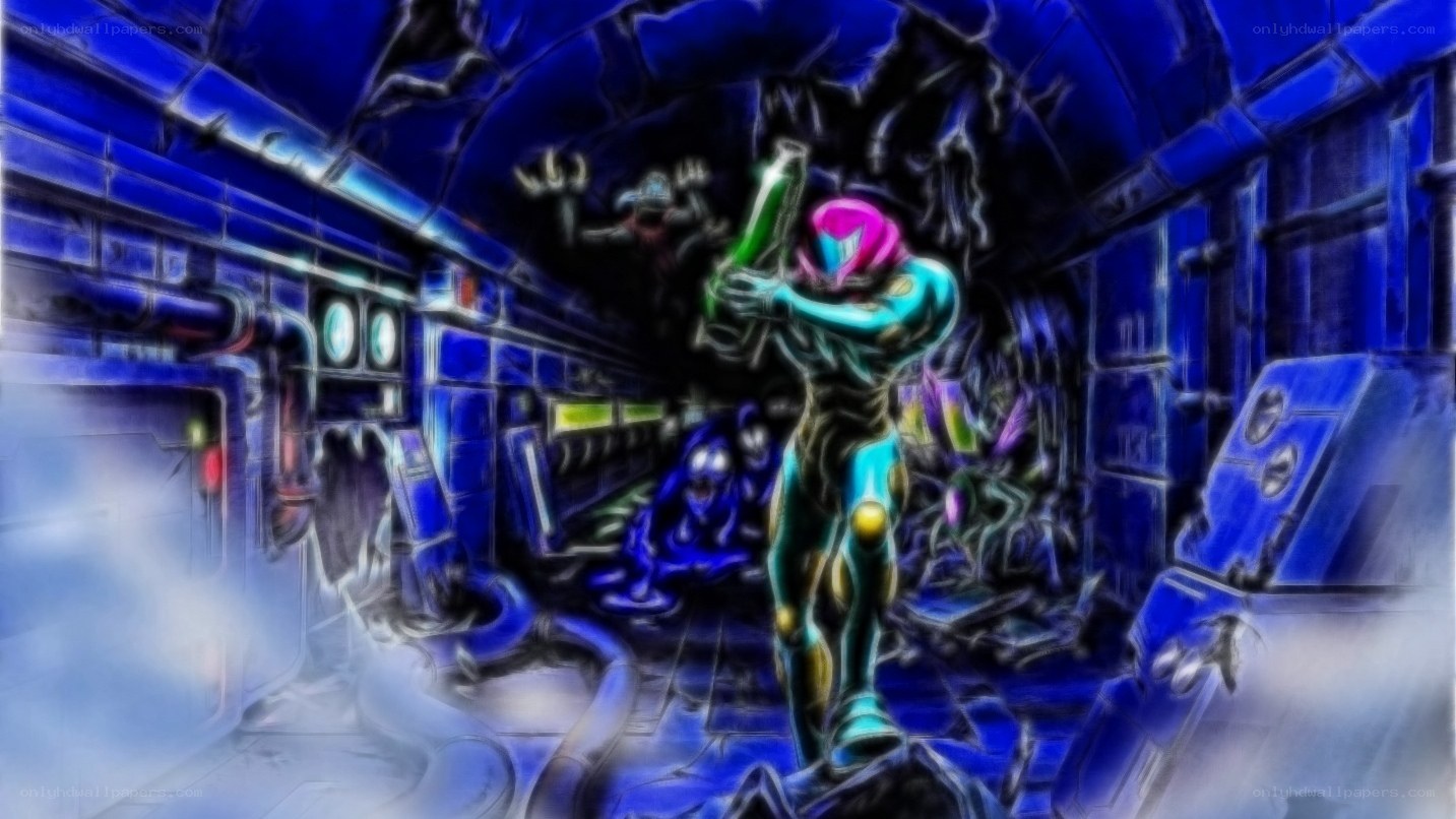 Samus in a dark corridor