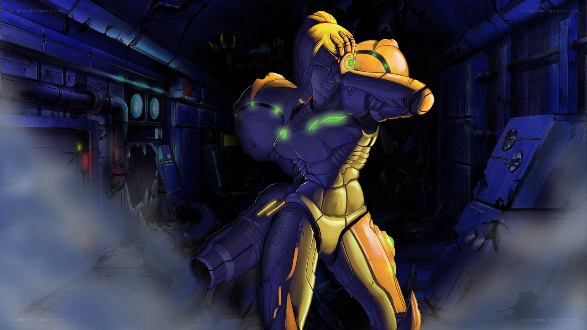 Samus in a dark corridor
