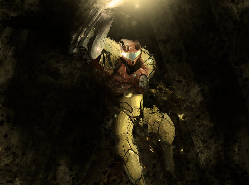 Samus in a dark tunnel