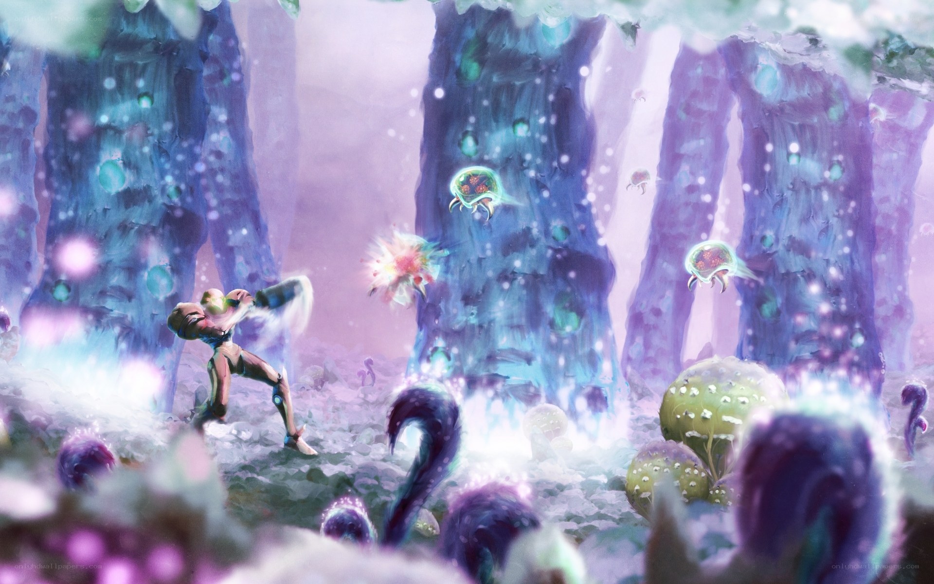 Samus in a glowing cave