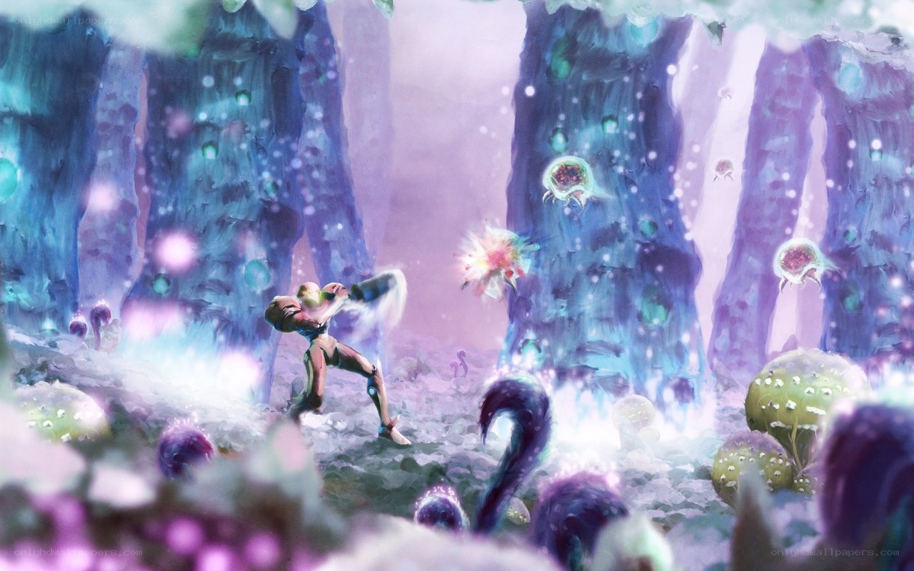 Samus in a glowing cavern