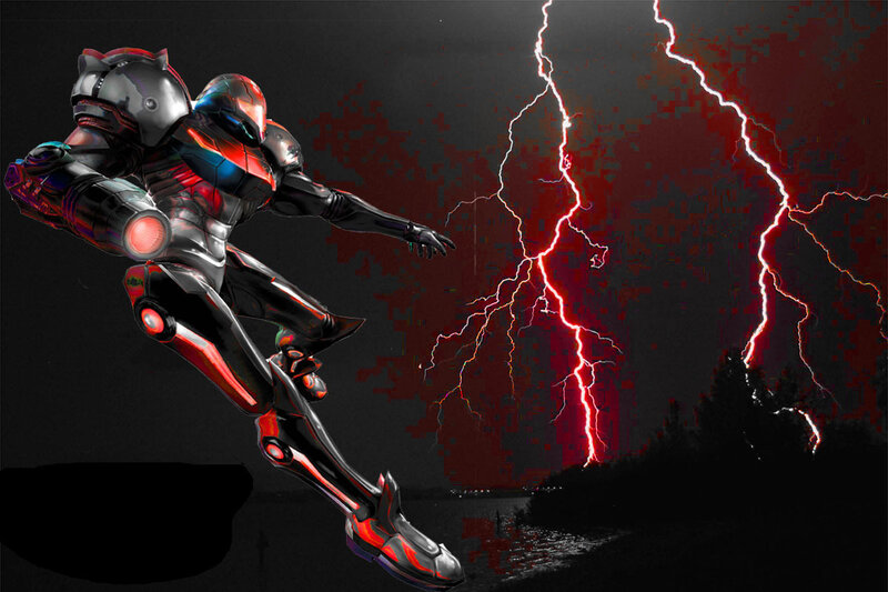 Samus in stormy landscape