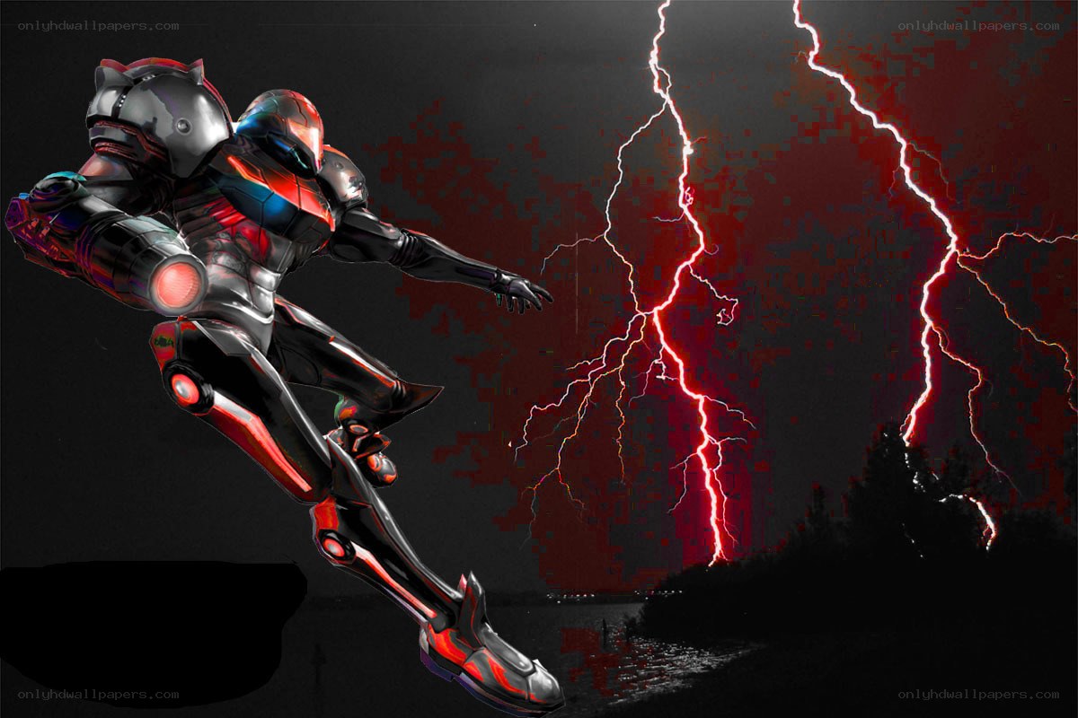 Samus in stormy landscape
