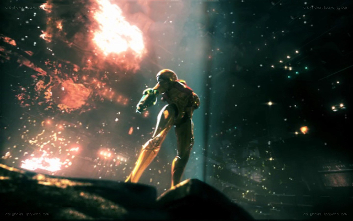 Samus stands before explosion