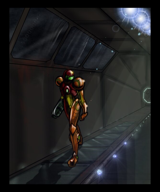 Samus walks through a corridor