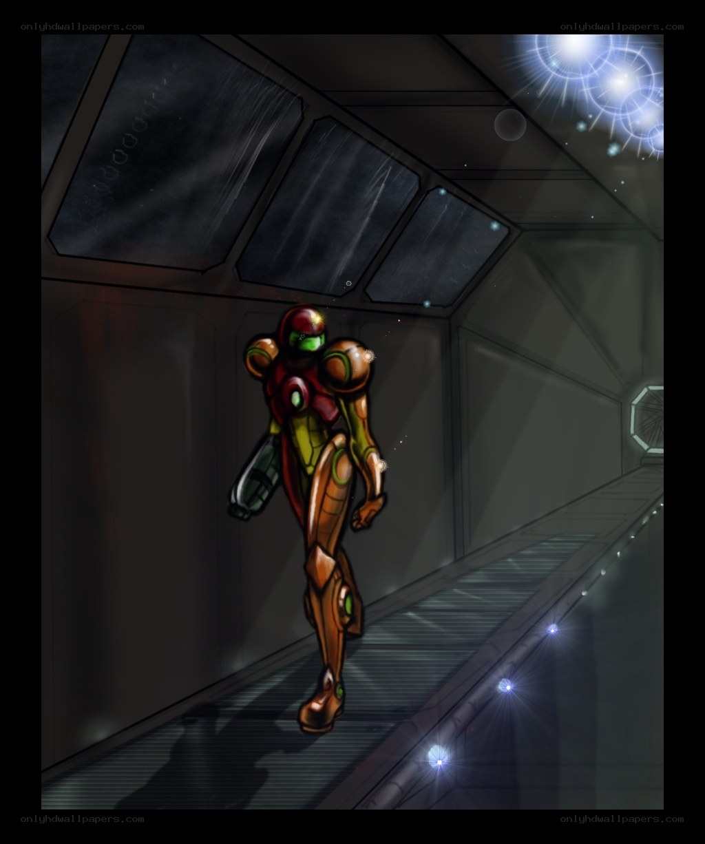 Samus walks through a corridor
