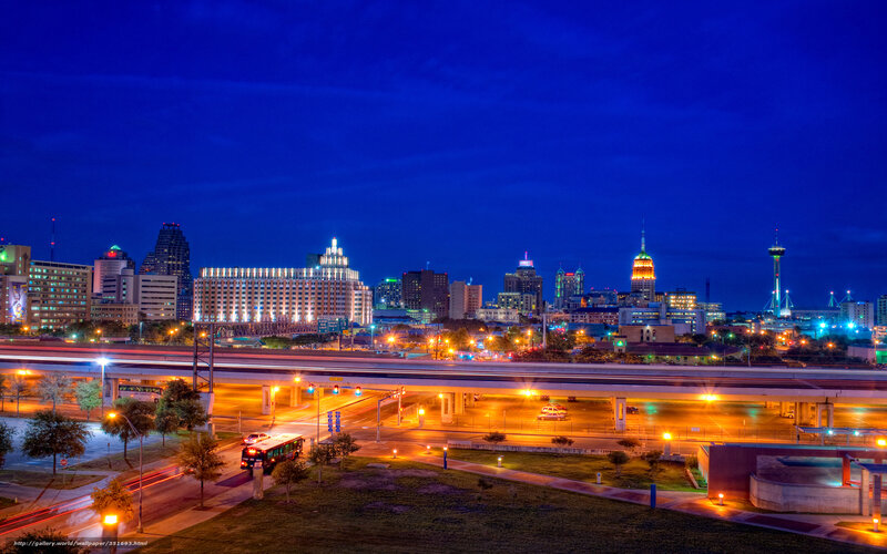 San Antonio Skyline at Night — Blue, Dramatic, Photograph, Highway
