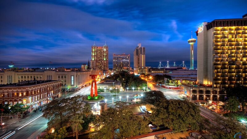 San Antonio Skyline at Night — Blue, Dramatic, Photograph