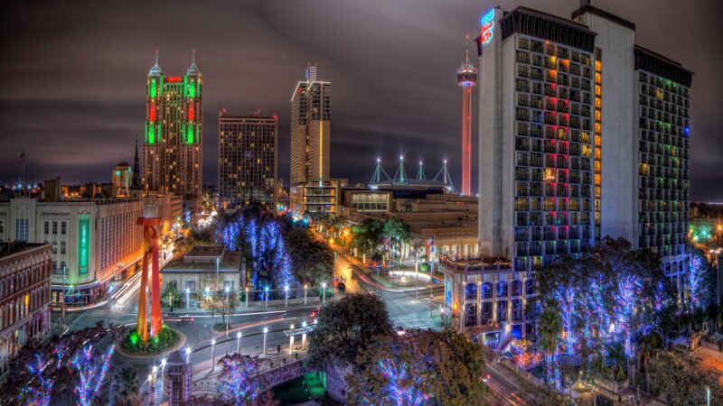 San Antonio Skyline at Night — Blue, Festive, Photograph, Buildings, Lights, Trees