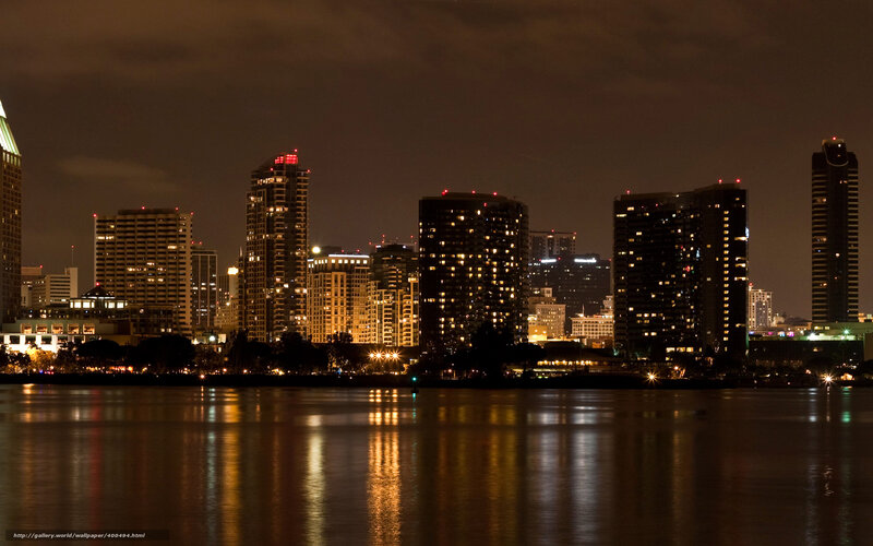 San Diego Skyline at Night — Black, Calm, Photograph, Buildings